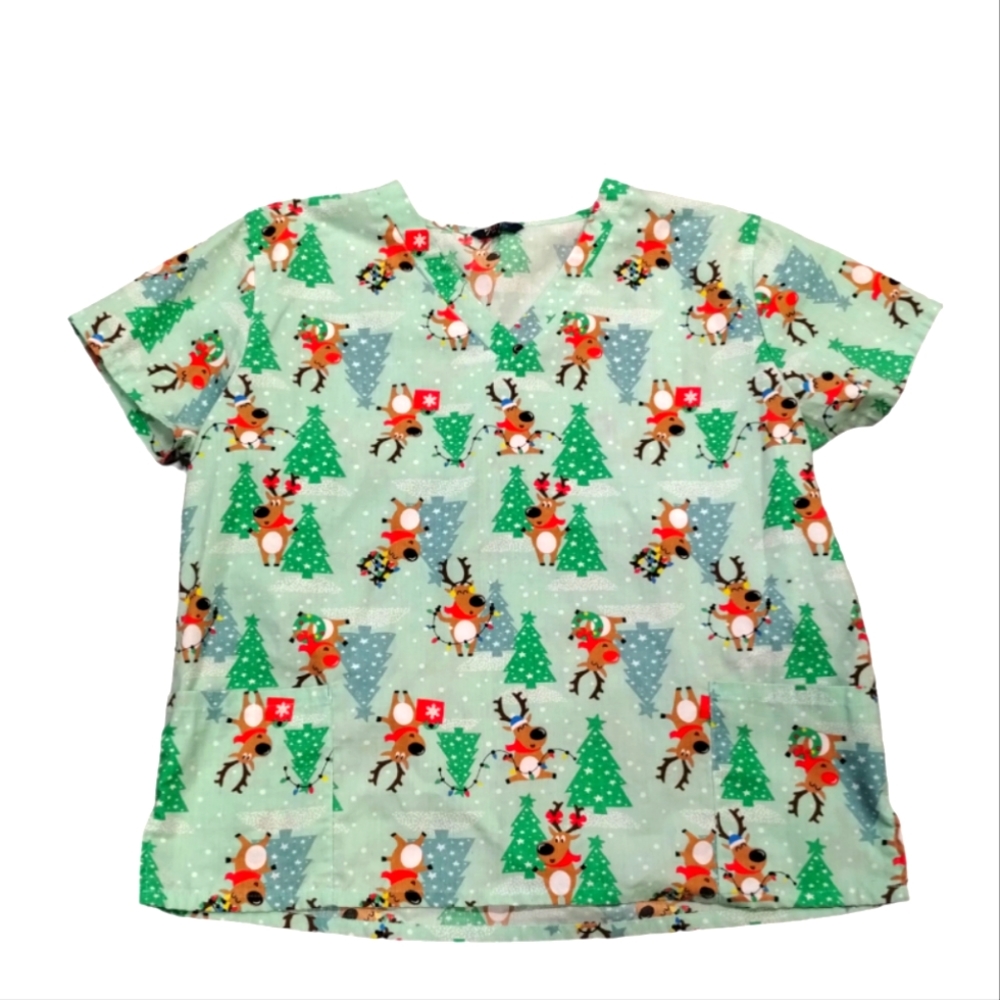 -Zikit Christmas Scrub Tops Holiday Prints Size Medical Nursing 2X Reindeer